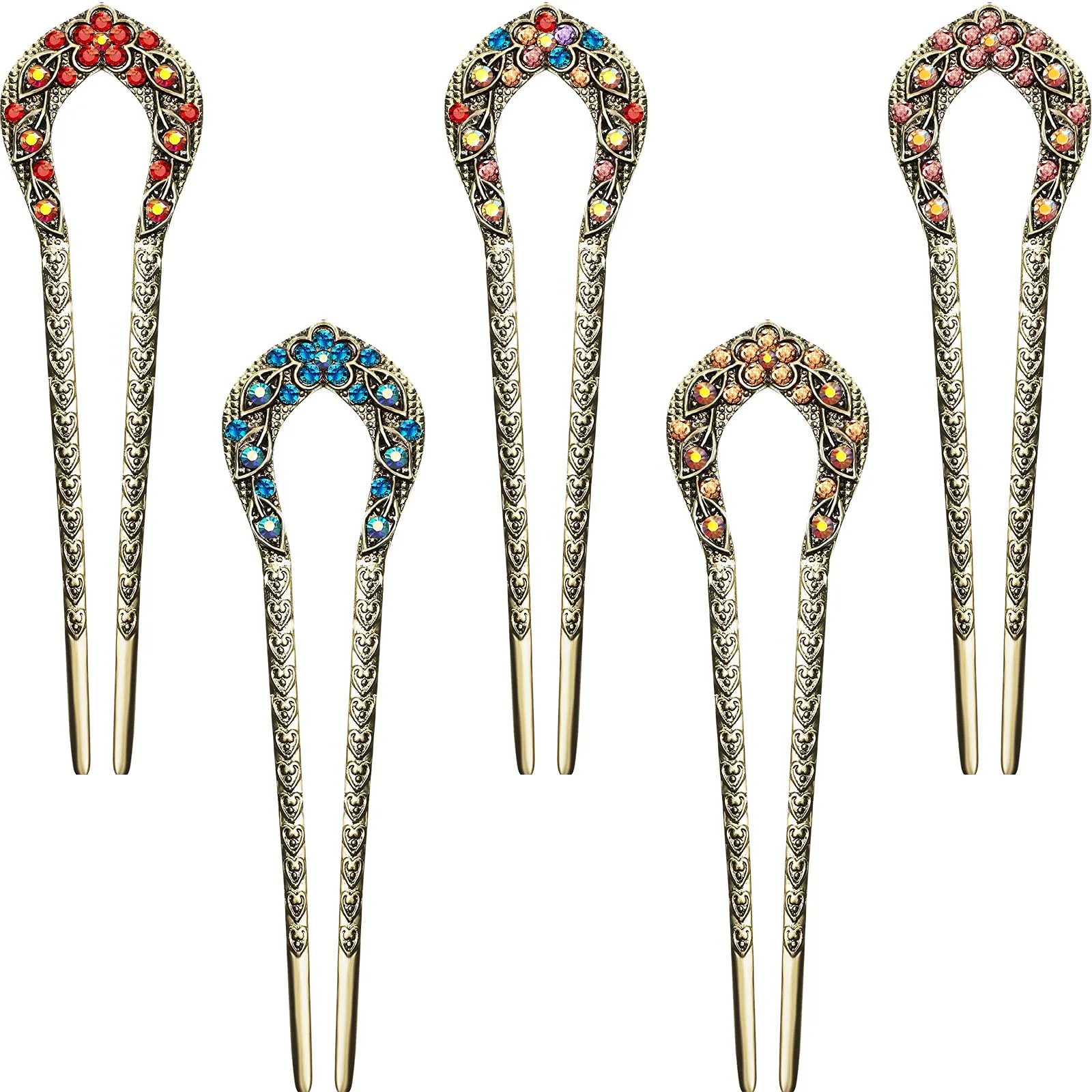 5 Pieces French Hair Pins Vintage Hair Forks Metal U Shaped Chignon Pin Double Prong Hair Stick Crystal Rhinestone Hairpin for W