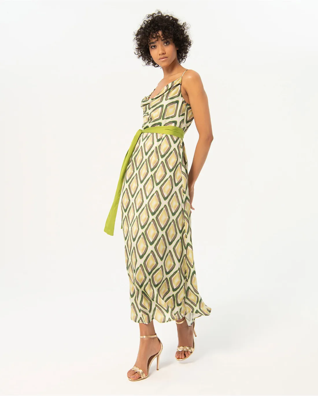 Printed Dress Draped Neckline Lime Green Mix Surkana 724