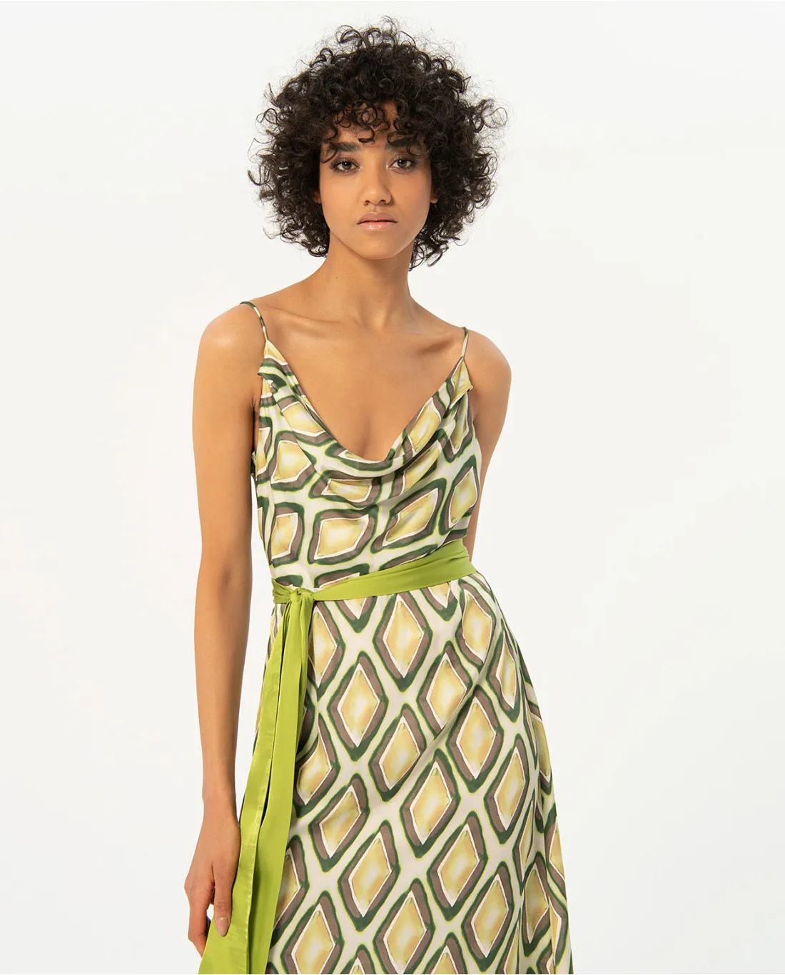 Printed Dress Draped Neckline Lime Green Mix Surkana 724