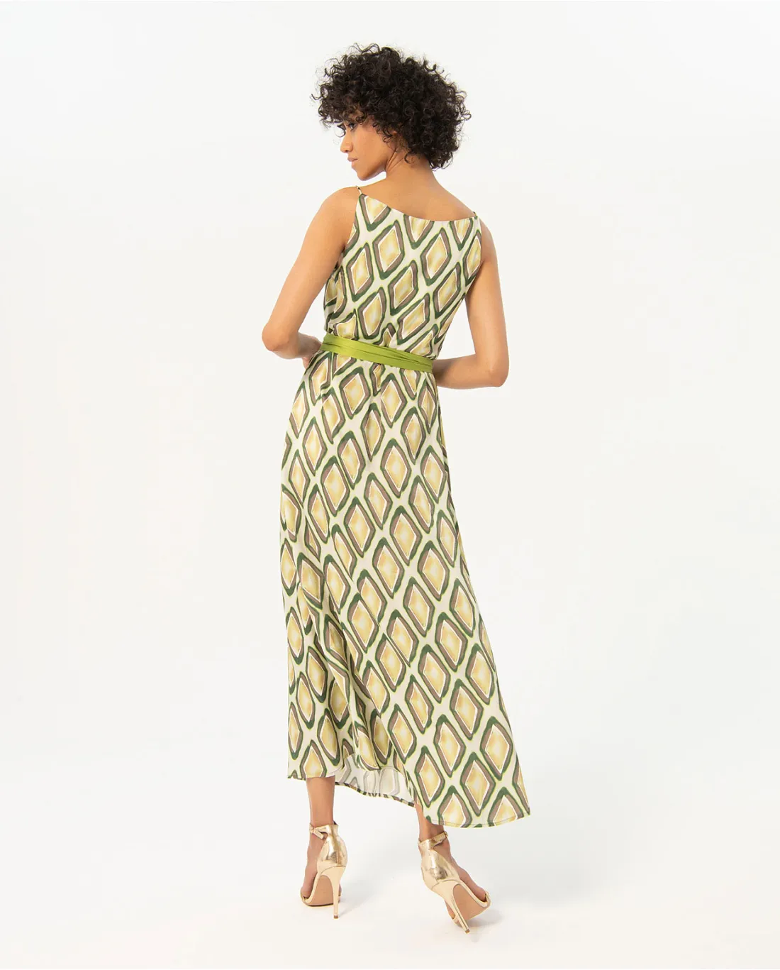 Printed Dress Draped Neckline Lime Green Mix Surkana 724