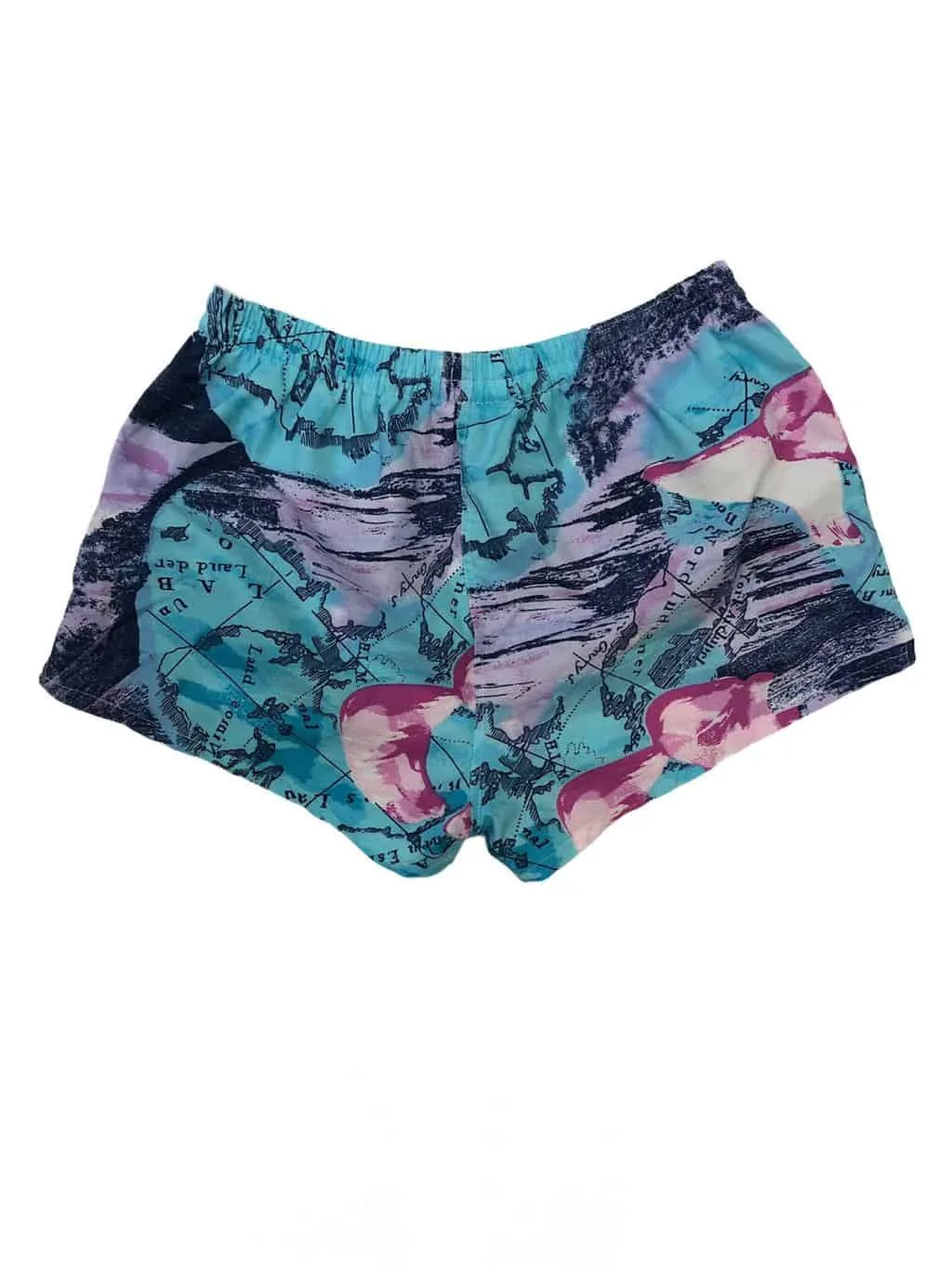 90s Unisex Vintage Pastel Coloured Surf Shorts with Tropical Island Map Design – S/M