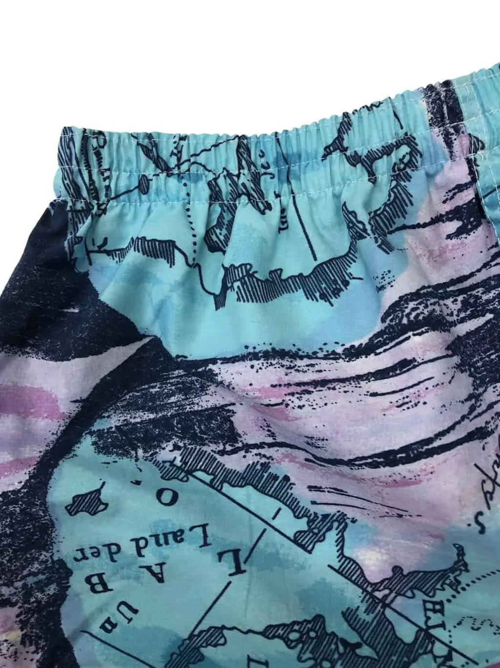 90s Unisex Vintage Pastel Coloured Surf Shorts with Tropical Island Map Design – S/M