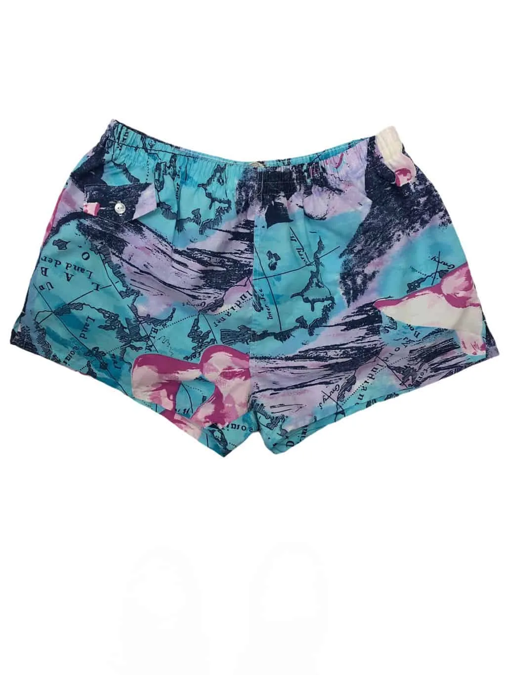 90s Unisex Vintage Pastel Coloured Surf Shorts with Tropical Island Map Design – S/M