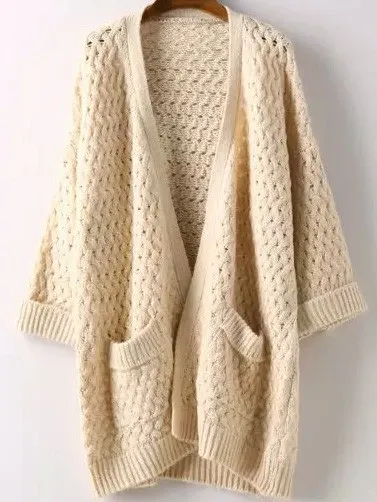 Knitted Beige Coat Jacket with Pockets