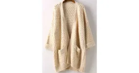 Knitted Beige Coat Jacket with Pockets