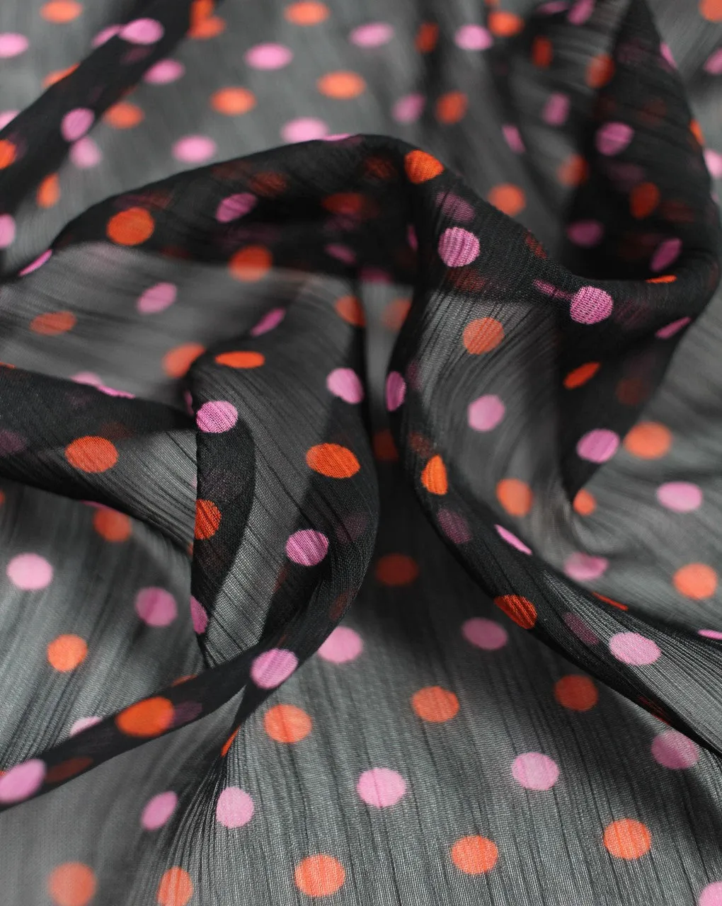 Black Orange Pink Polka Dot Print Chiffon Fabric