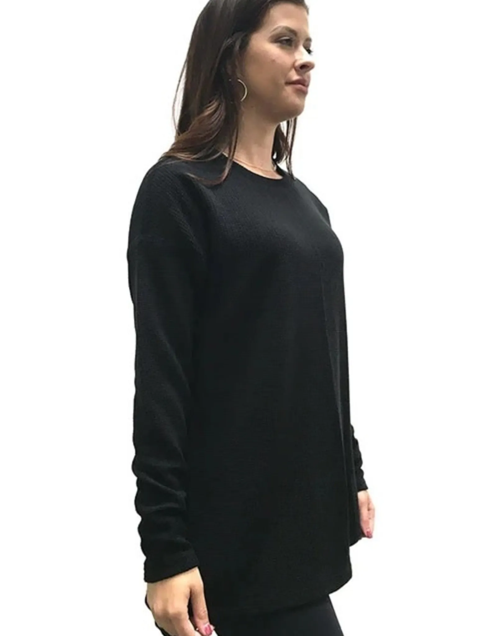 Black Waffle Shirt with Long Sleeves for Women