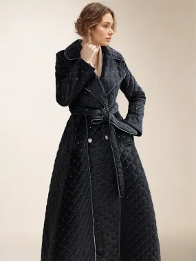 Elegant Black Winter Coat with Lapel, Belt, Buttons - Full Length