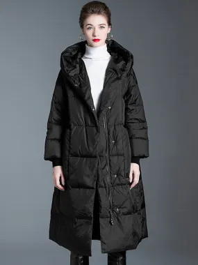 Black Women's Long Puffer Winter Coat with Hood