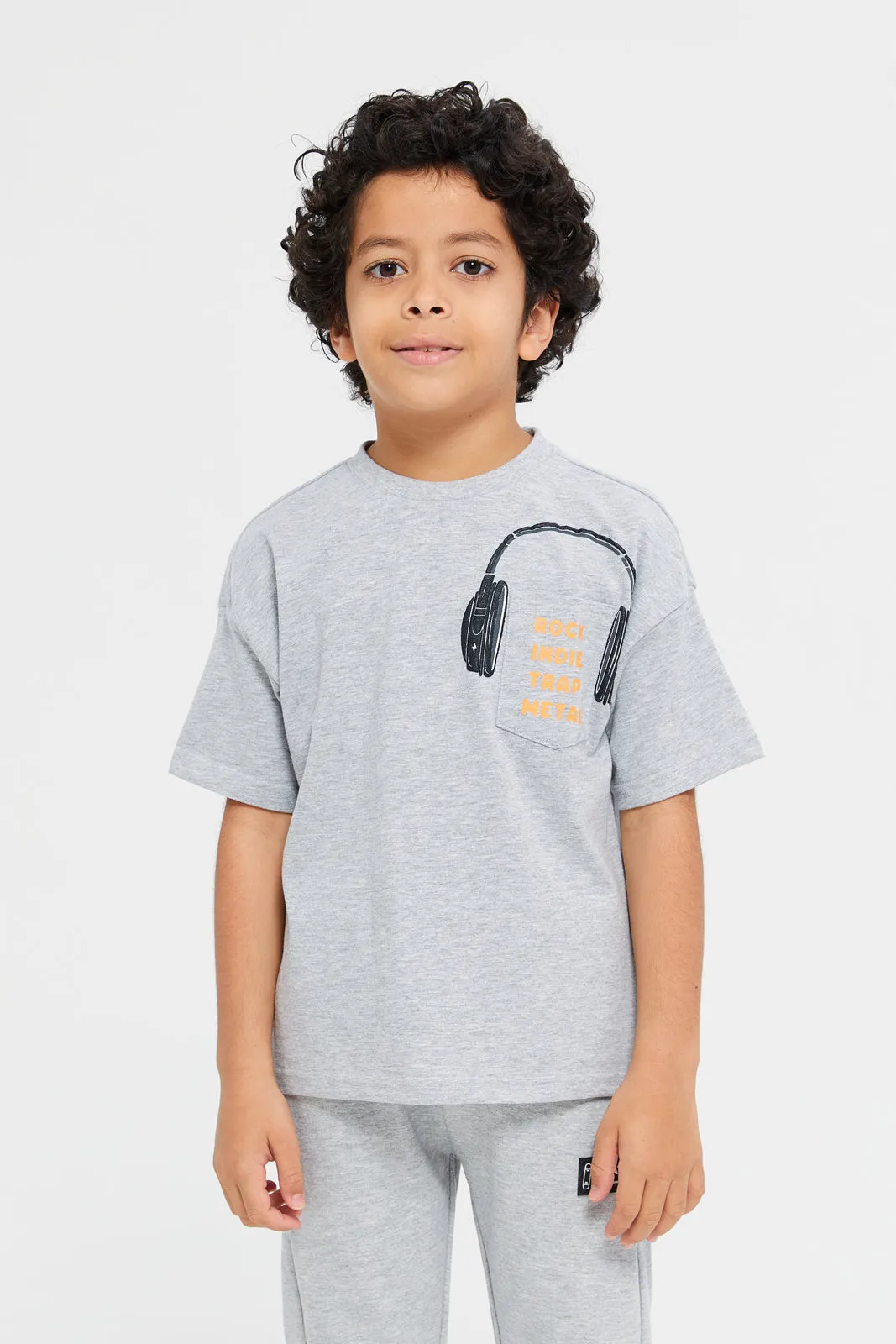 Boys Grey Printed Pocket T-Shirt