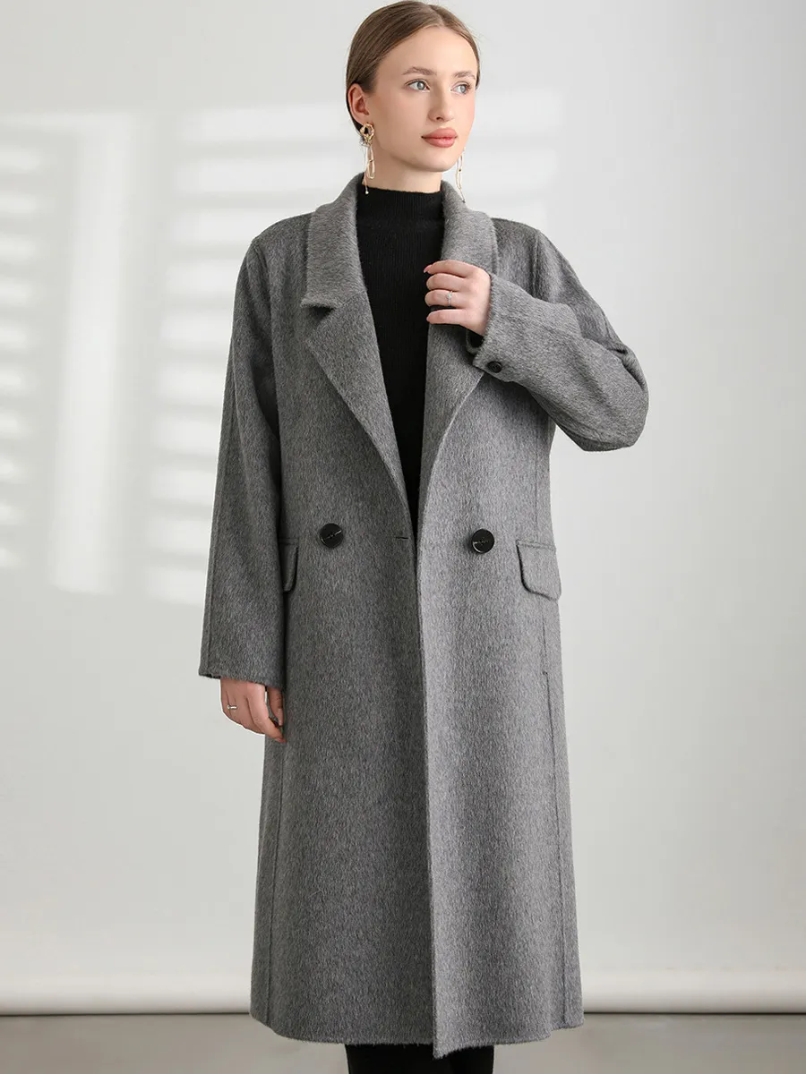 Brown Woolen Coat for Women with Turndown Collar, Long Sleeves, and Sash