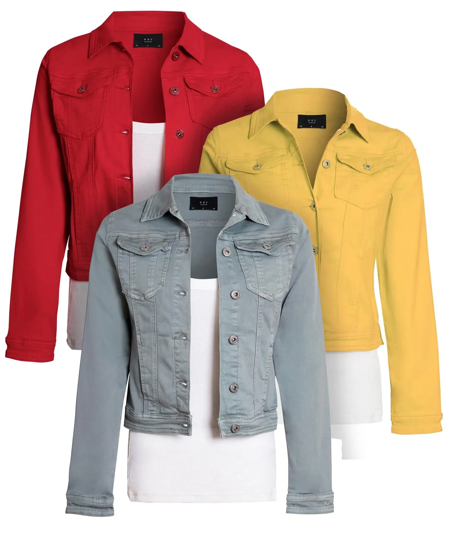 Stretch Denim Jacket in Grey, Red, and Yellow - Available in UK Sizes 6 to 14