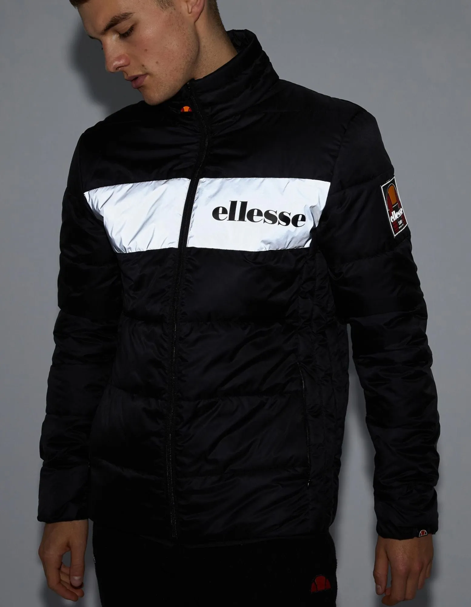 Black Reflective Padded Jacket Mens Ellesse Illo