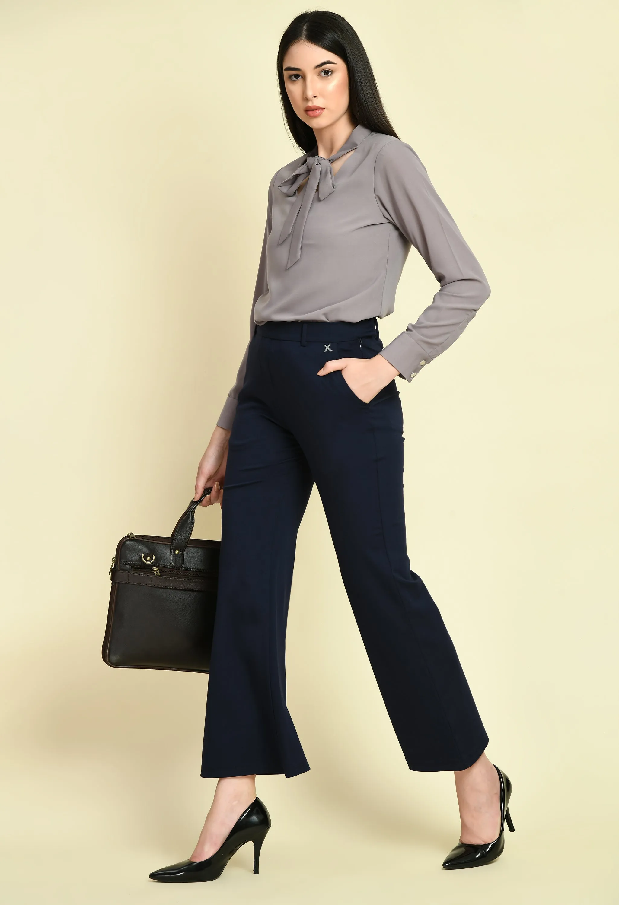 Navy Bootcut Trousers with 4 Way Stretch for Women