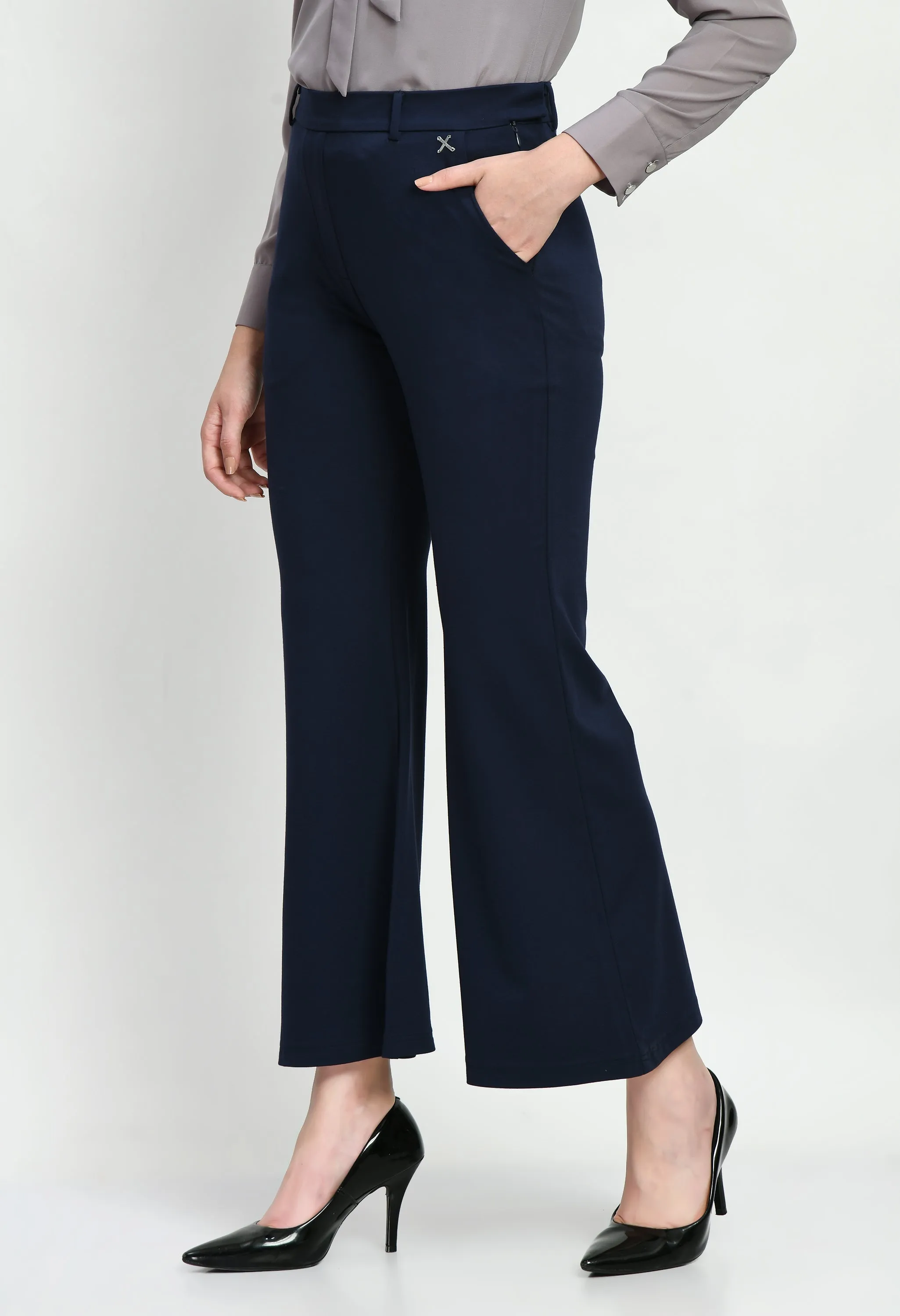 Navy Bootcut Trousers with 4 Way Stretch for Women