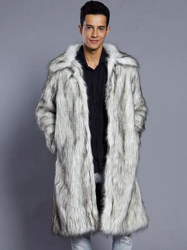 White Faux Fur Men's Winter Long Sleeve Coat with Turndown Collar