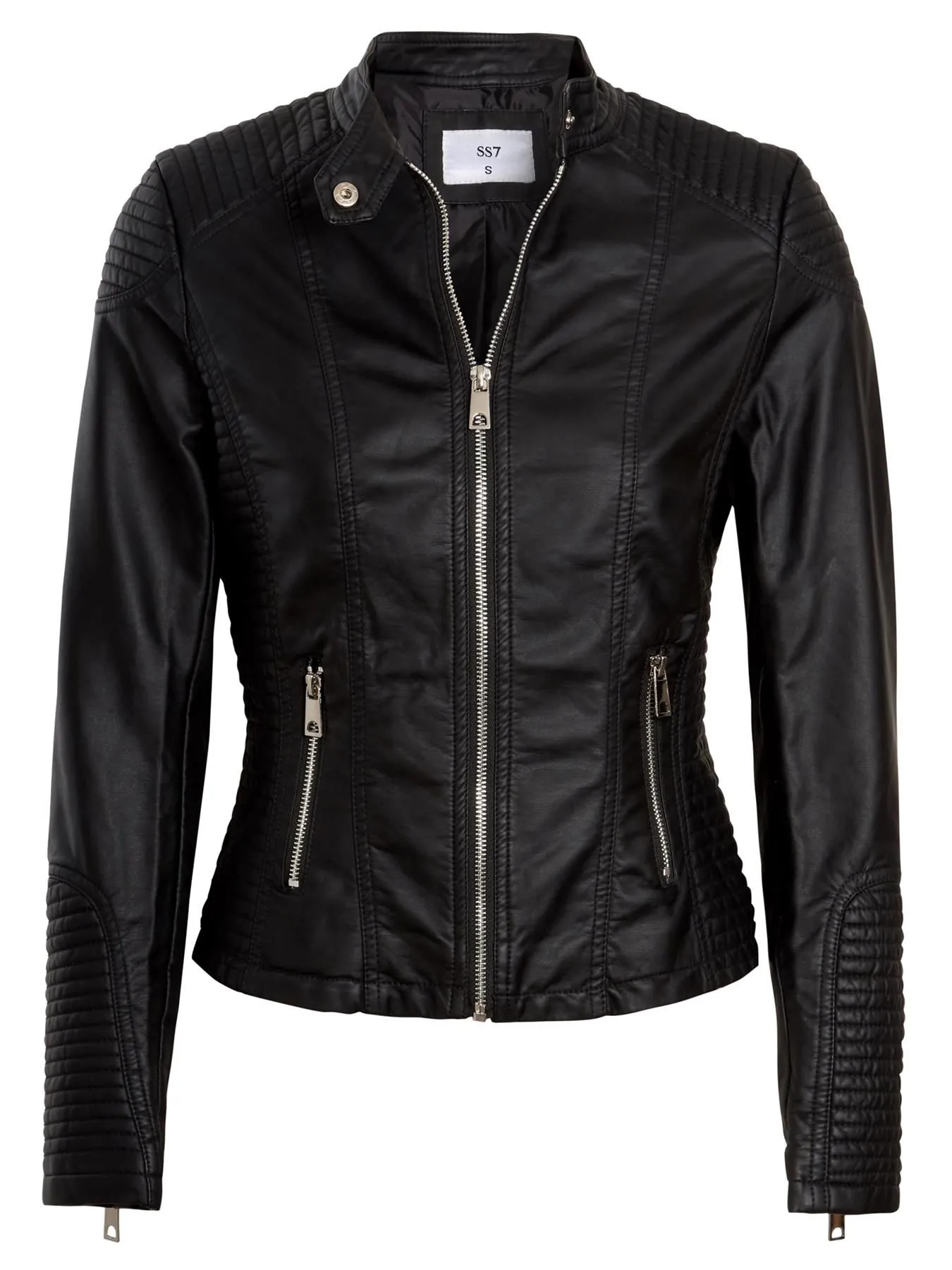 Black Faux Leather Biker Jacket with Quilt Detailing - Available in UK Sizes 6 to 14