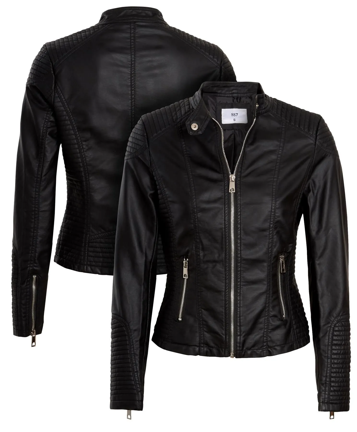 Black Faux Leather Biker Jacket with Quilt Detailing - Available in UK Sizes 6 to 14