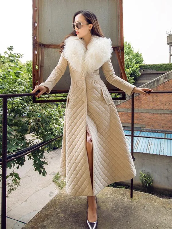 Feather Collar Longline Winter Coat with Quilting and Pockets