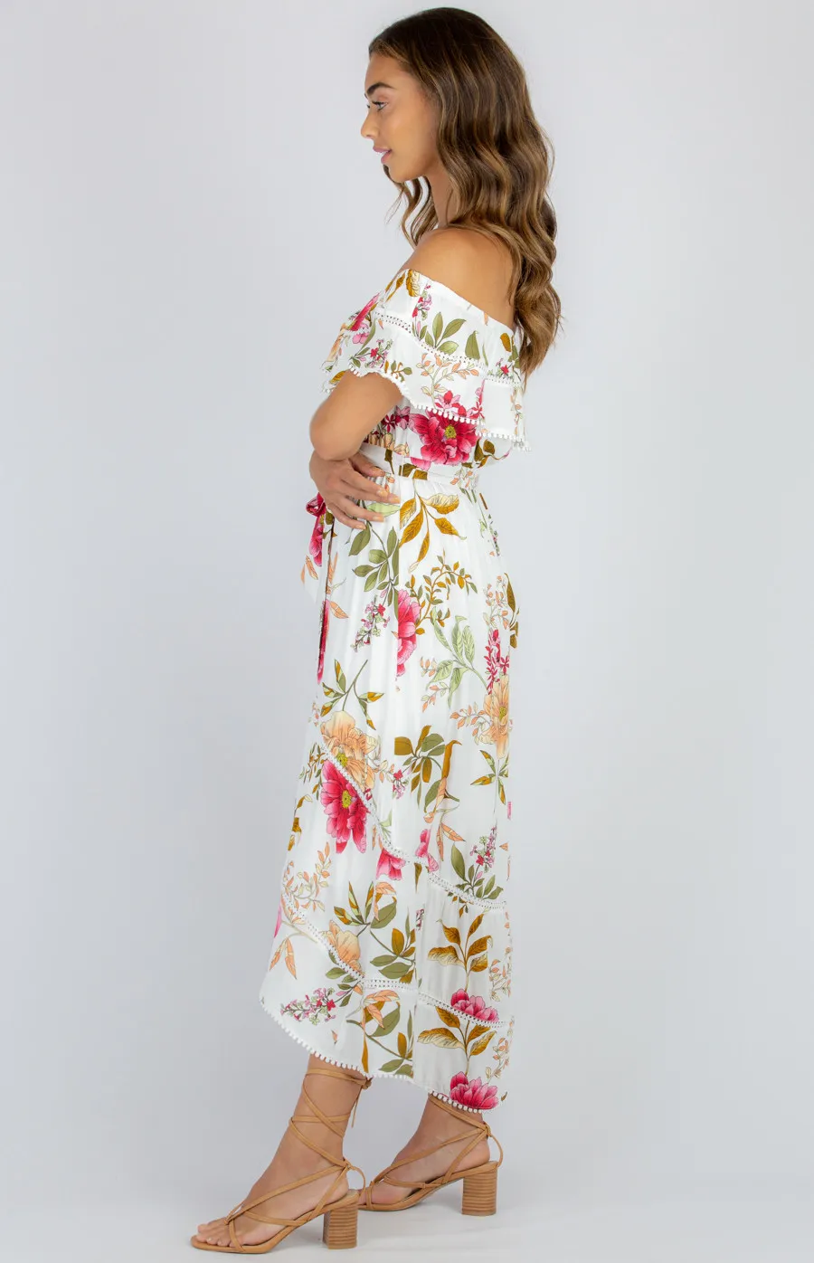 Floral Off the Shoulder Dress with Trim Detail and Waterfall Hem