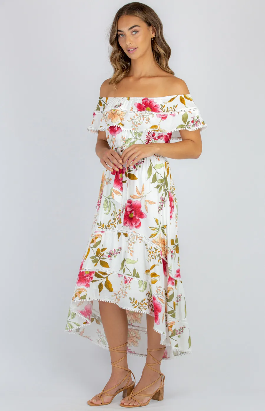 Floral Off the Shoulder Dress with Trim Detail and Waterfall Hem