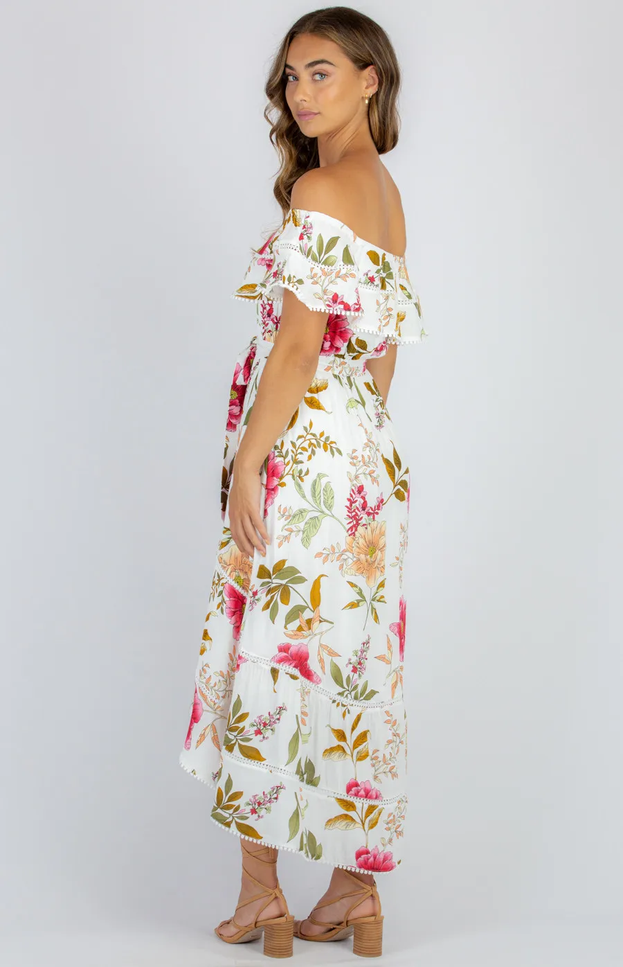 Floral Off the Shoulder Dress with Trim Detail and Waterfall Hem