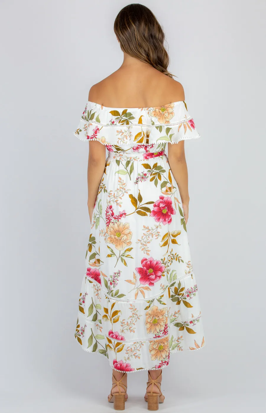 Floral Off the Shoulder Dress with Trim Detail and Waterfall Hem