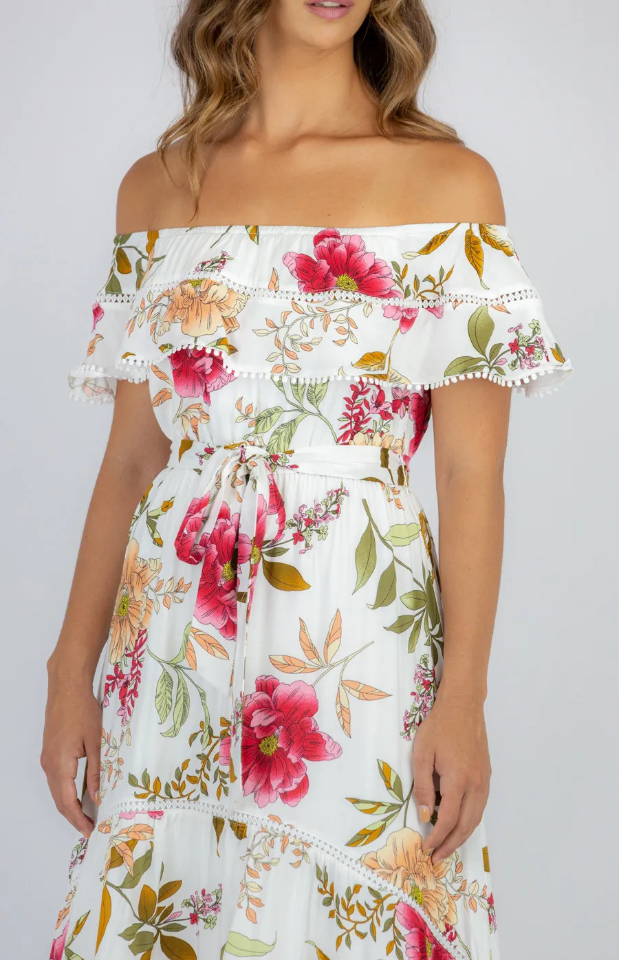 Floral Off the Shoulder Dress with Trim Detail and Waterfall Hem