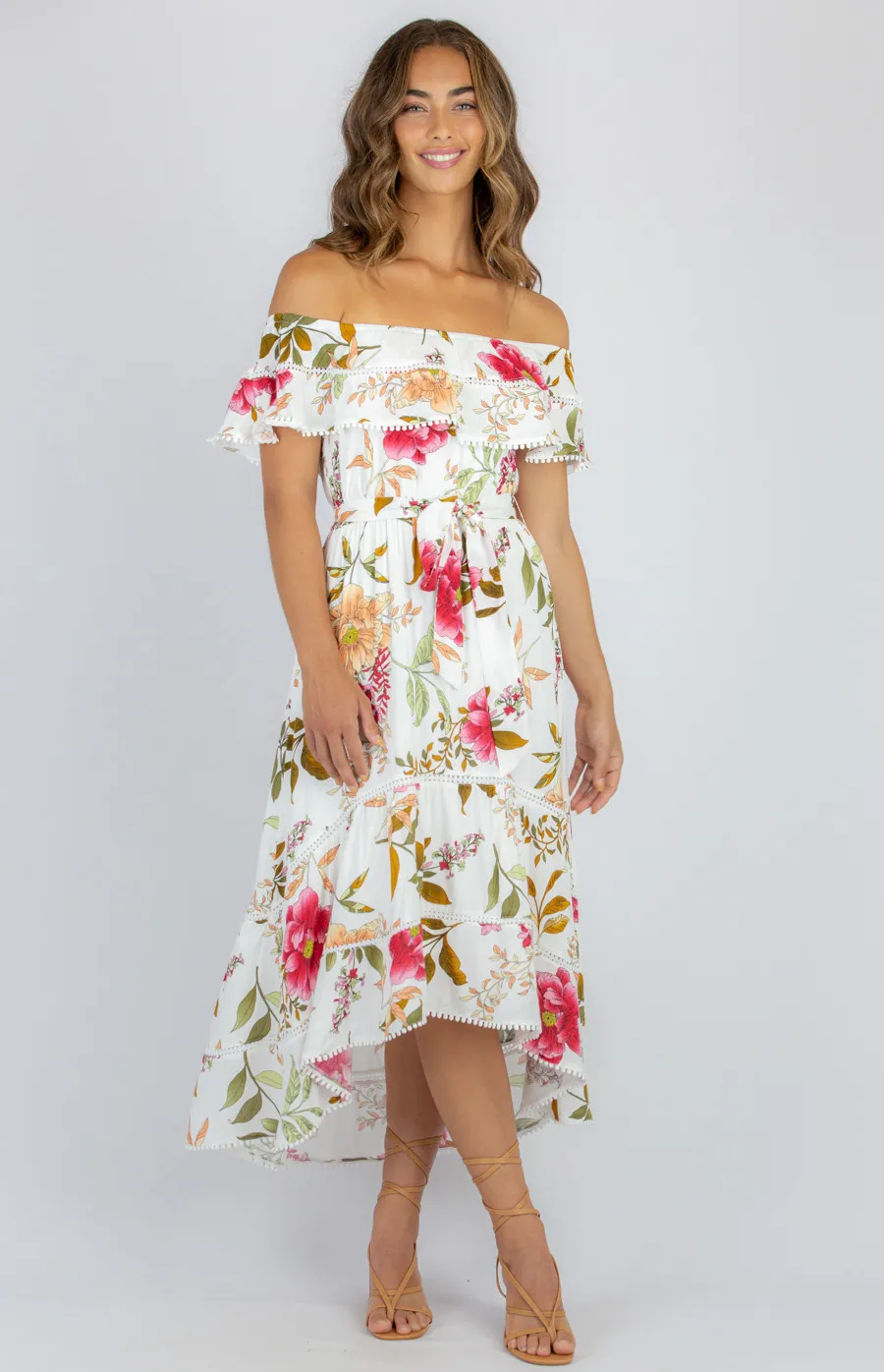 Floral Off the Shoulder Dress with Trim Detail and Waterfall Hem