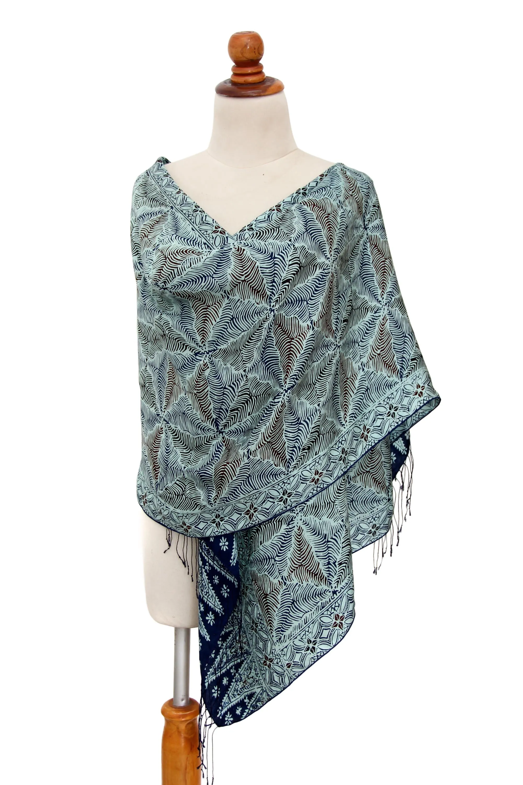 Silk Batik Shawl with Handmade Forest Leaf Design