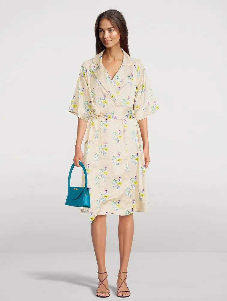 GANNI Crinkled Satin Wrap Dress Rutabaga Floral Print