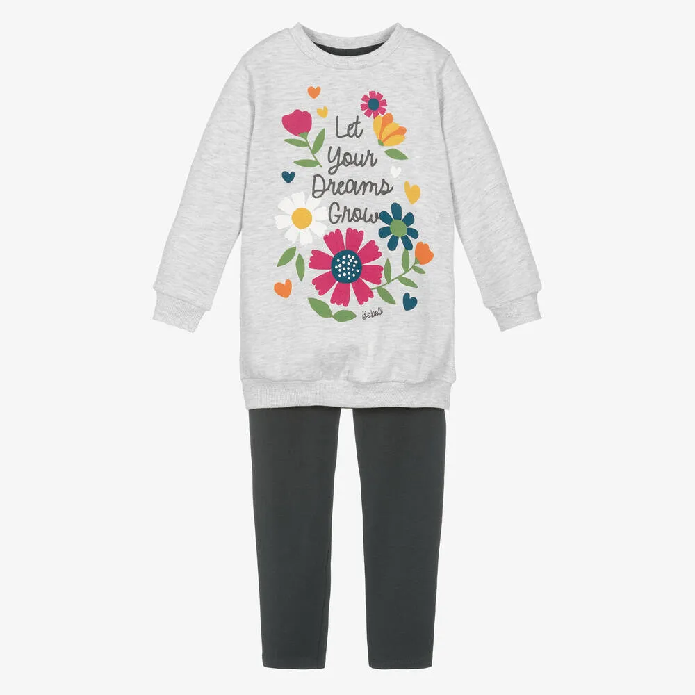 Grey Floral Leggings Set for Girls