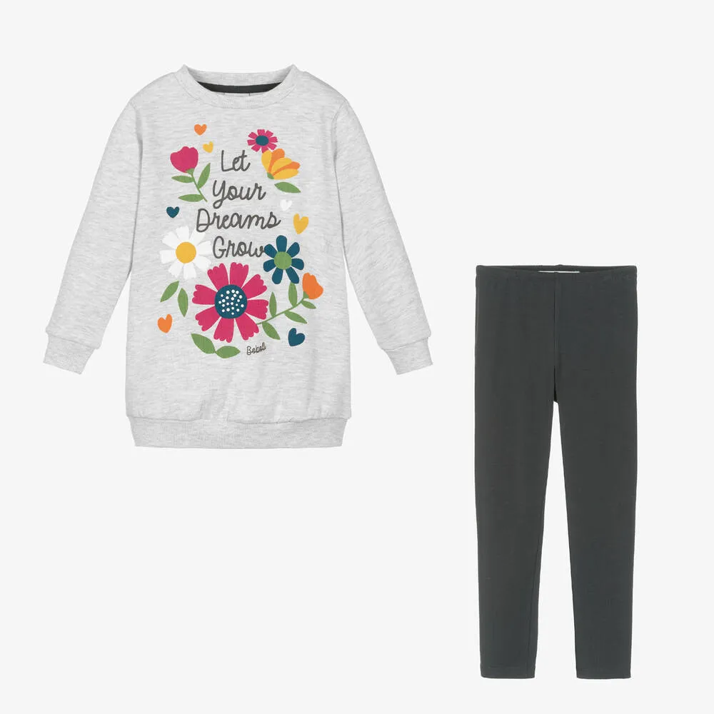 Grey Floral Leggings Set for Girls