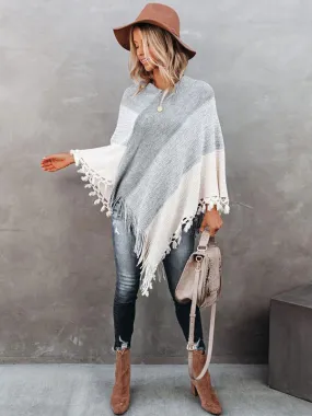 Grey Fringe Poncho Cape for Women - V-Neck Spring Outerwear