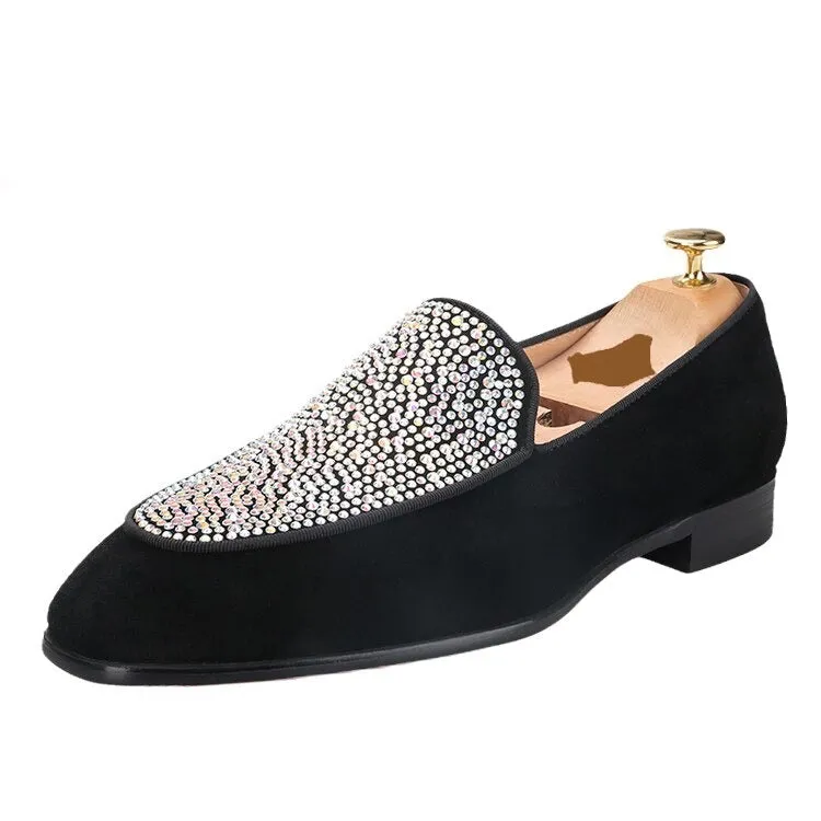 Handmade Black Suede Men's Crystal Loafers with Red Soles - GZ Style