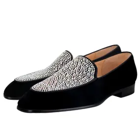 Handmade Black Suede Men's Crystal Loafers with Red Soles - GZ Style