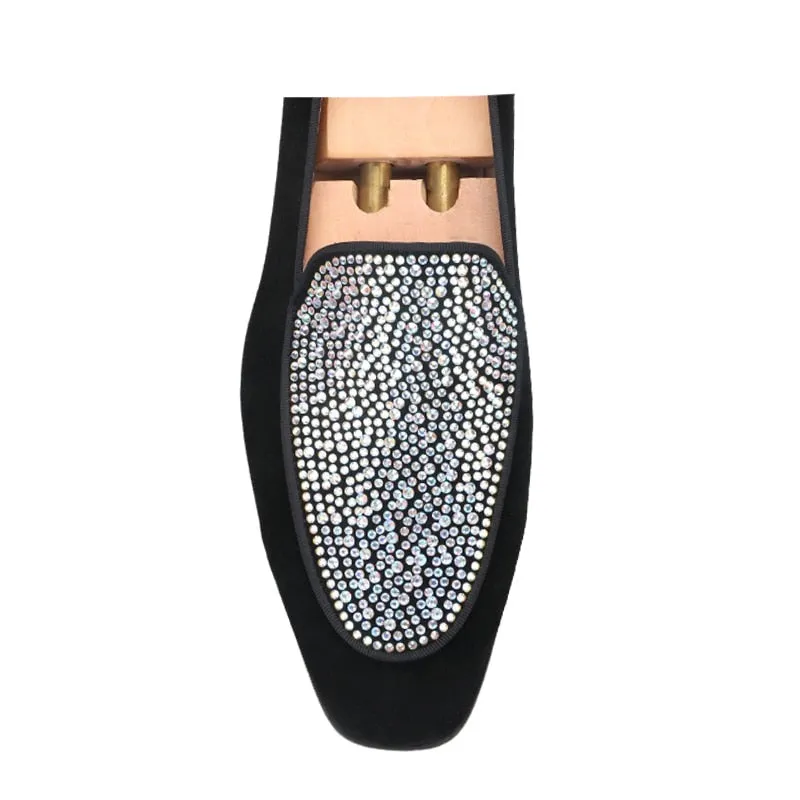 Handmade Black Suede Men's Crystal Loafers with Red Soles - GZ Style