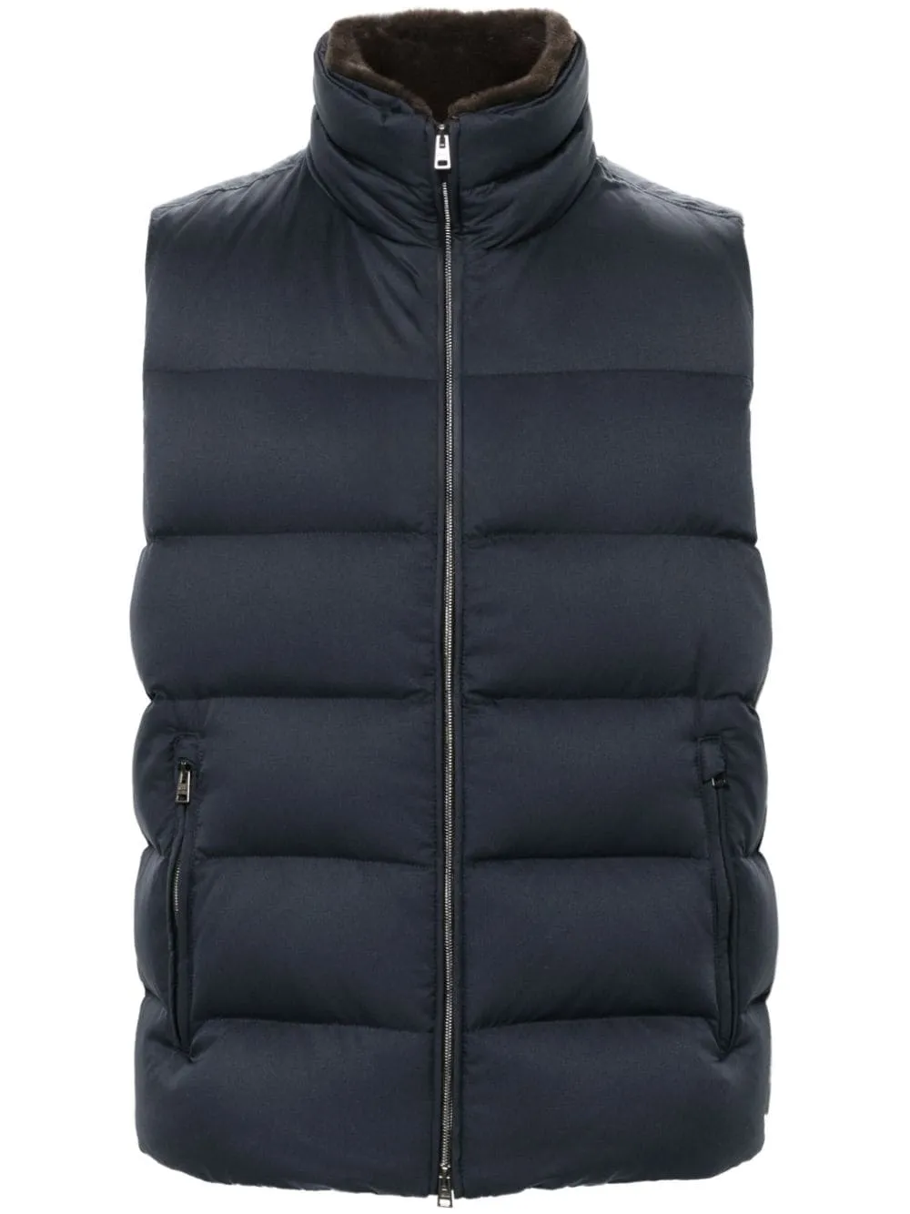 HERNO Navy Puffer Vest Faux Fur Collar