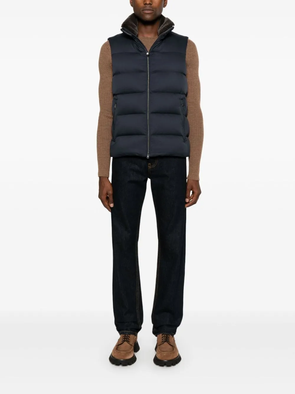 HERNO Navy Puffer Vest Faux Fur Collar