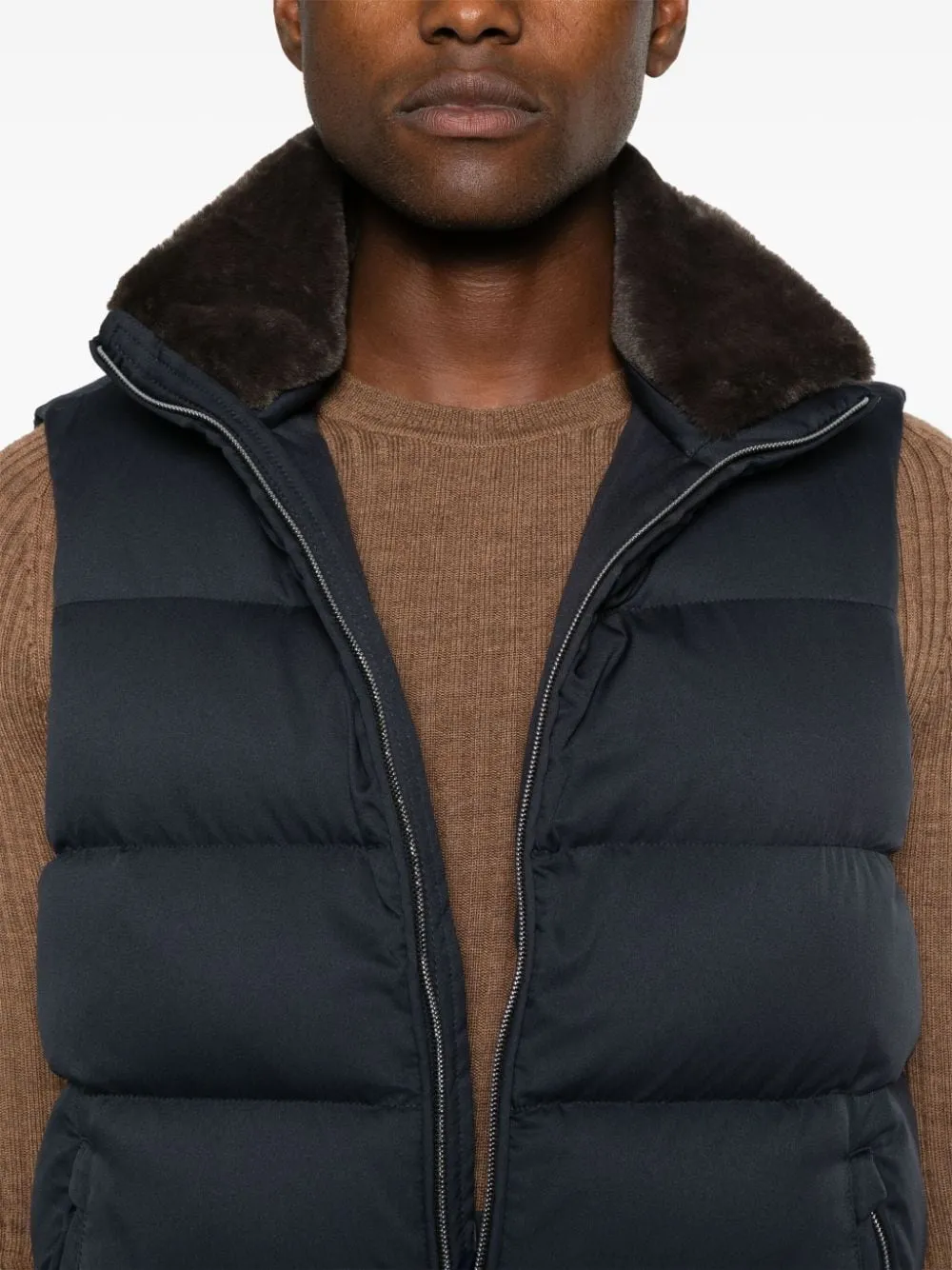 HERNO Navy Puffer Vest Faux Fur Collar