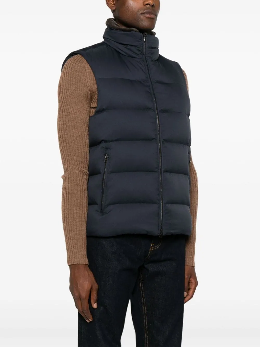 HERNO Navy Puffer Vest Faux Fur Collar