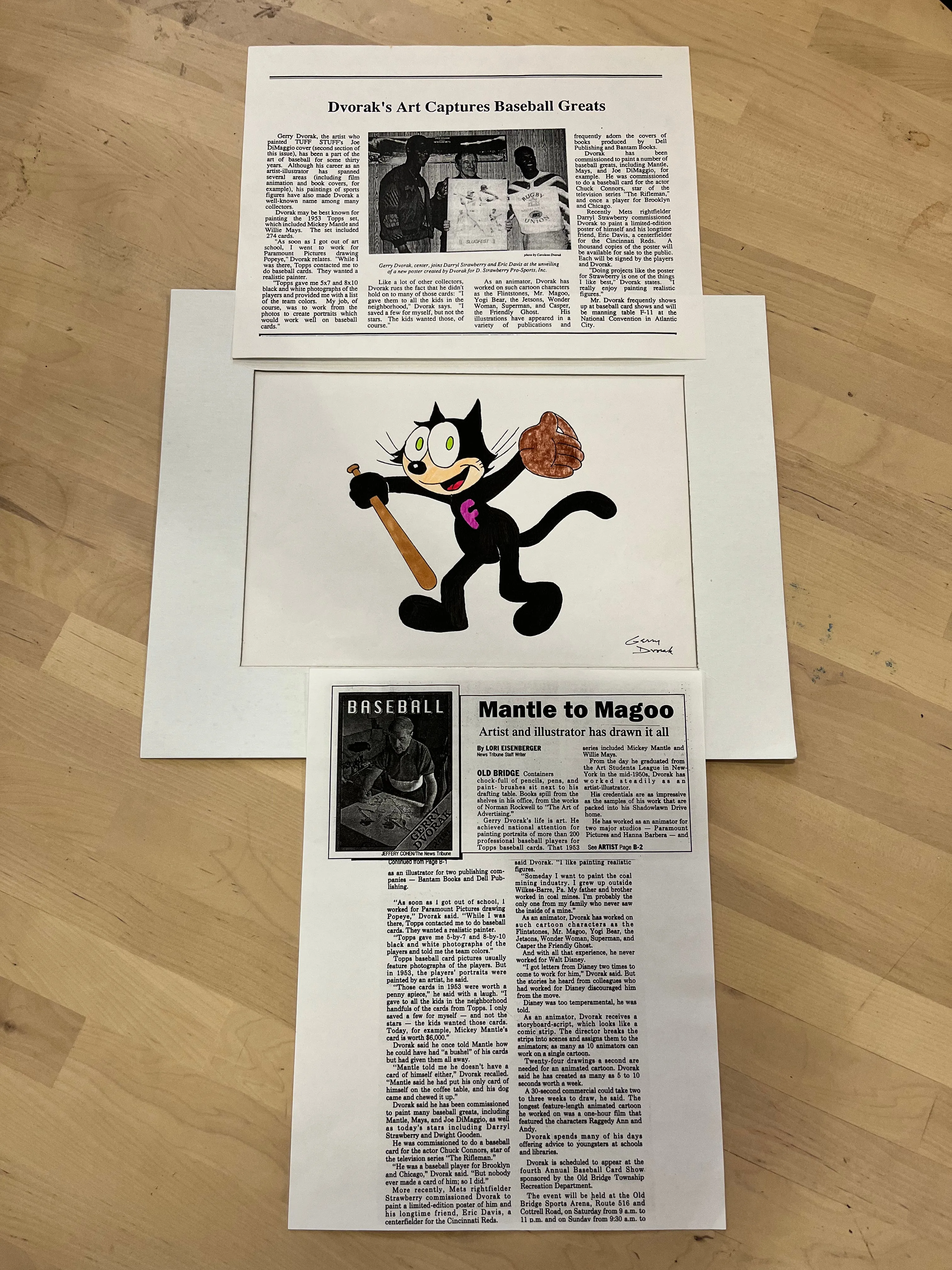 Felix The Cat Hand Drawing with Mickey Mantle's Baseball Glove by Gerry Dvorak