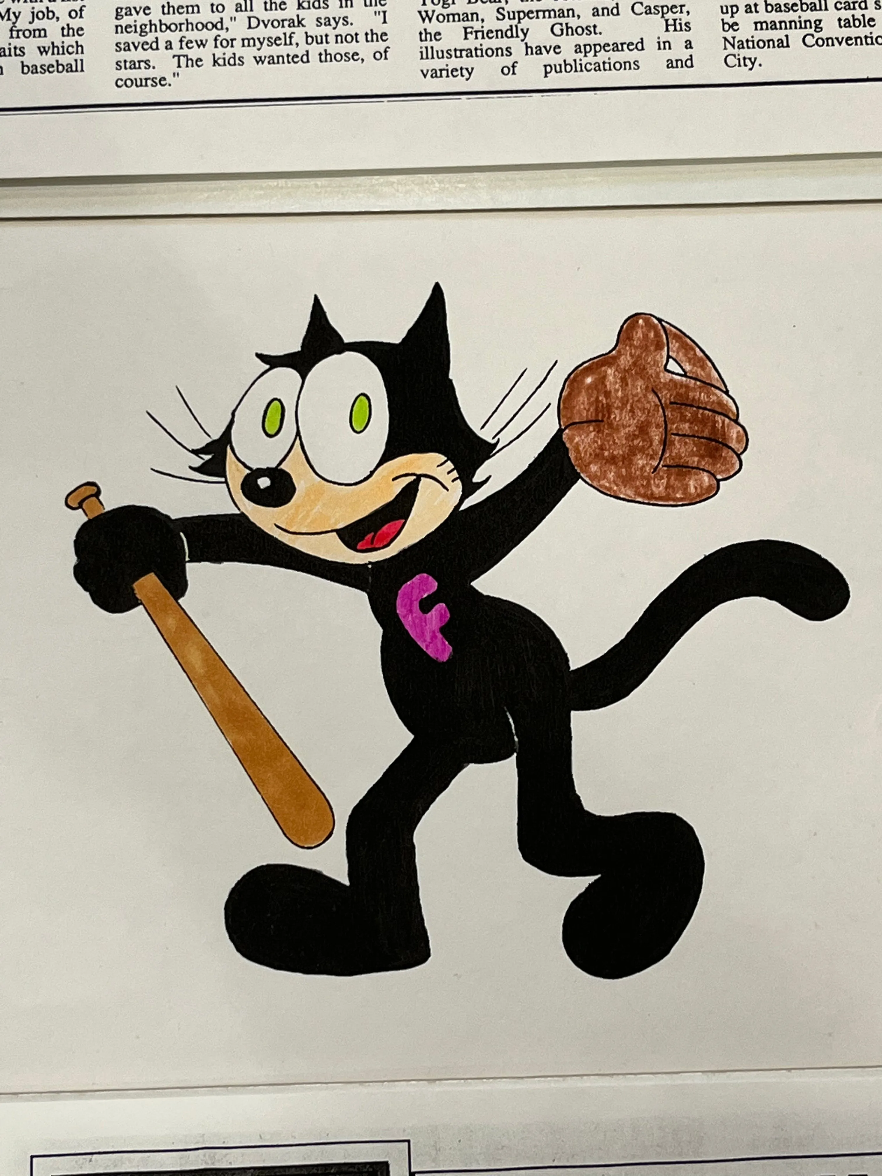 Felix The Cat Hand Drawing with Mickey Mantle's Baseball Glove by Gerry Dvorak