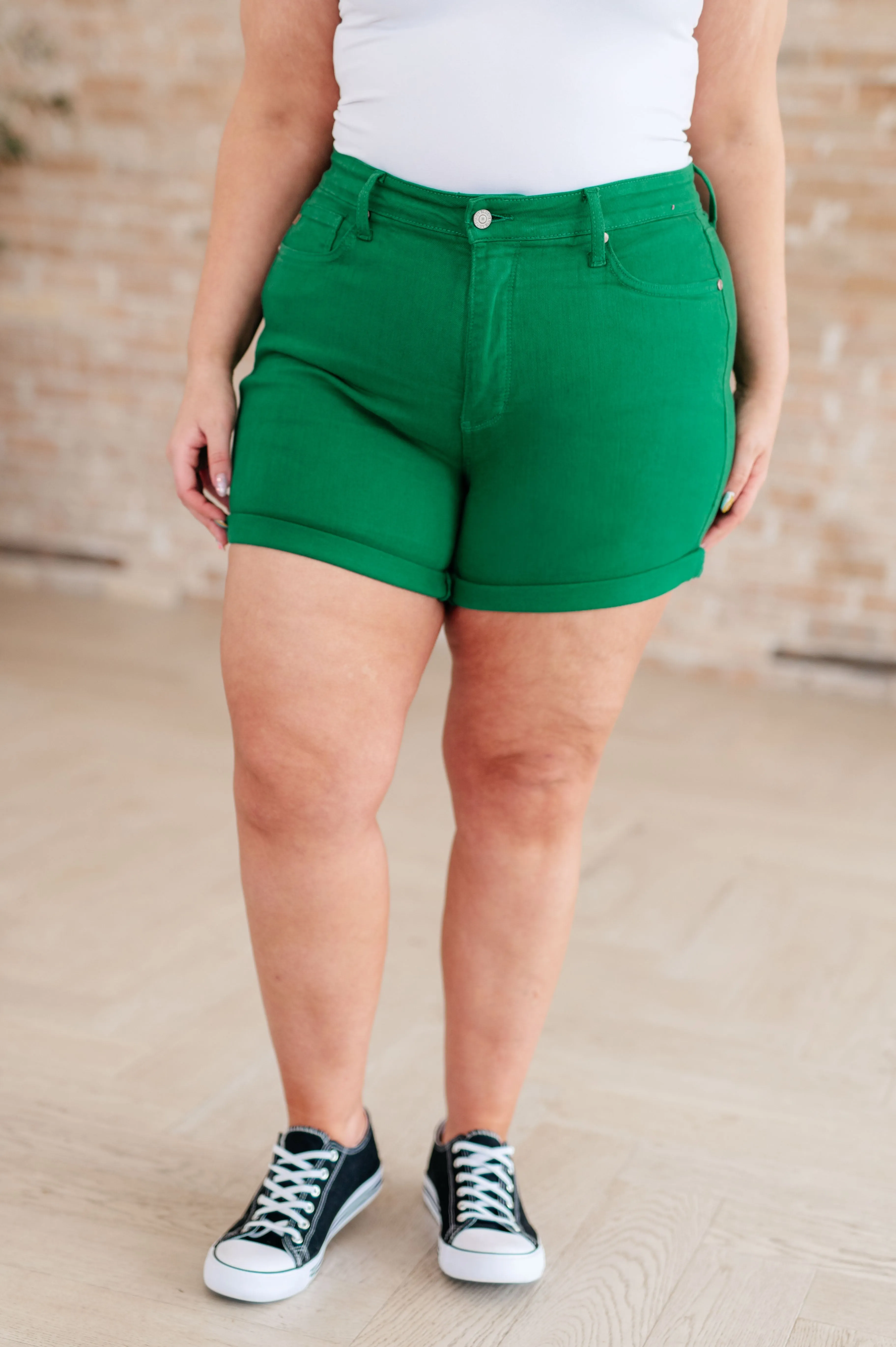 Green High Rise Control Top Cuffed Shorts by Jenna