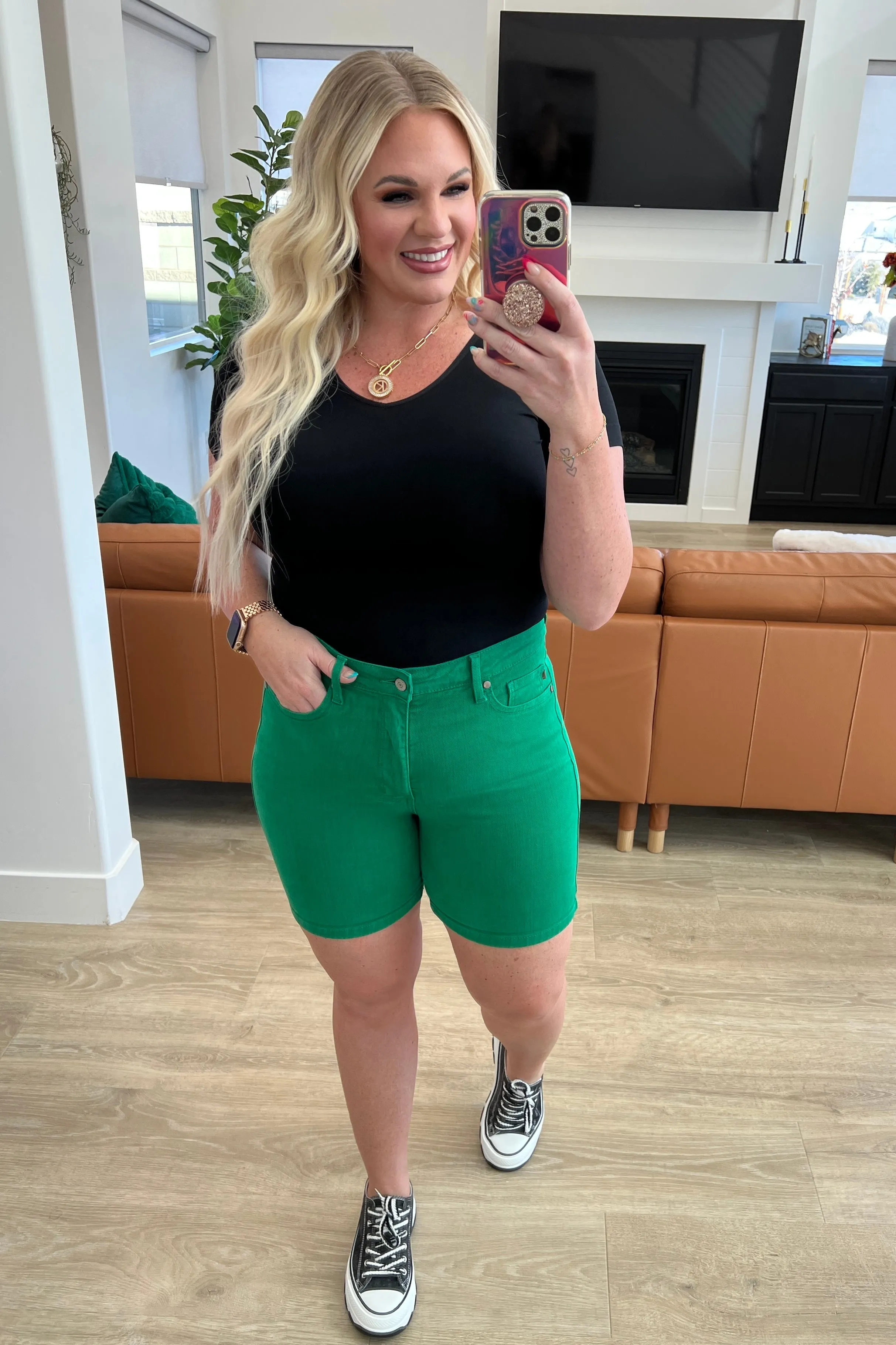 Green High Rise Control Top Cuffed Shorts by Jenna