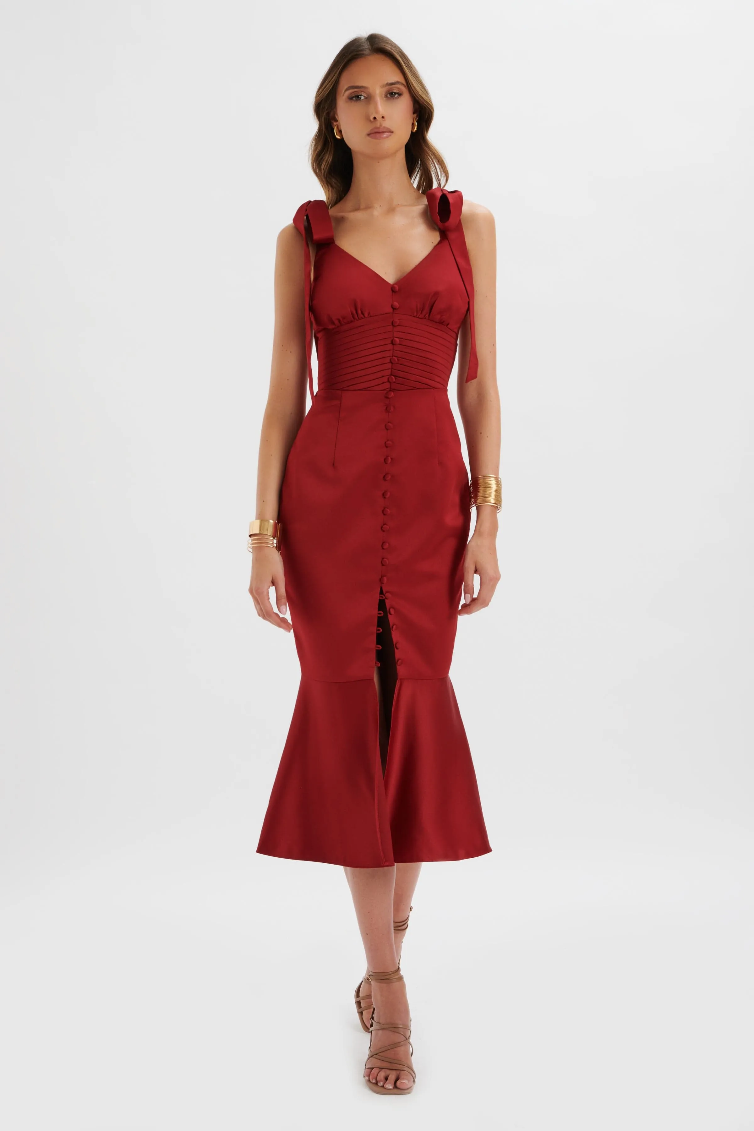 Burgundy Satin Midi Dress