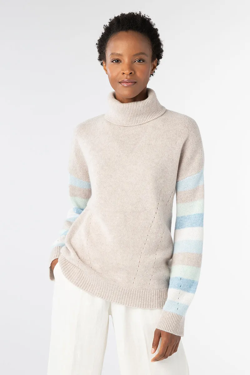 Kinross 100% Cashmere Turtleneck Sweater with Stripe Sleeves for Women