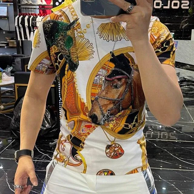 Korean Men's Animal Print Rhinestone T-shirt - Slim Fit, Short Sleeve