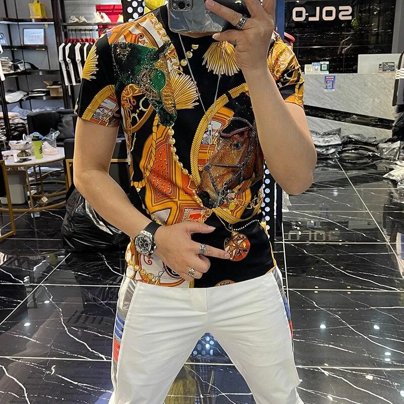 Korean Men's Animal Print Rhinestone T-shirt - Slim Fit, Short Sleeve