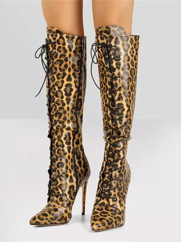 Lace Up Women's Pointed Toe Stiletto Heel Boots in Leopard Print